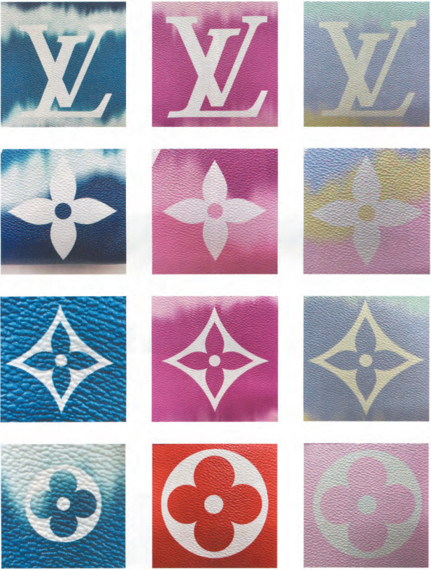 Authentic LV Tie-Dye Monogram pattern variations in blue, pink, and pastel tones for Louis Vuitton hardware and material authentication.