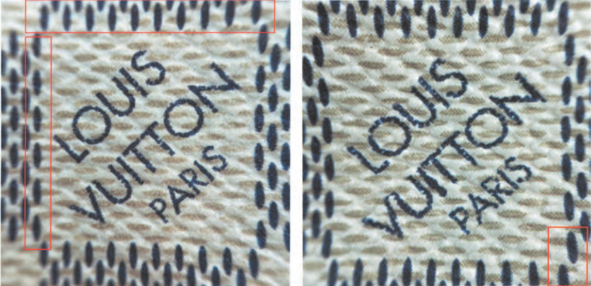 Authentic Damier Canvas “LOUIS VUITTON PARIS” logo detail with font and stitch alignment markers for how to spot fake Louis Vuitton.