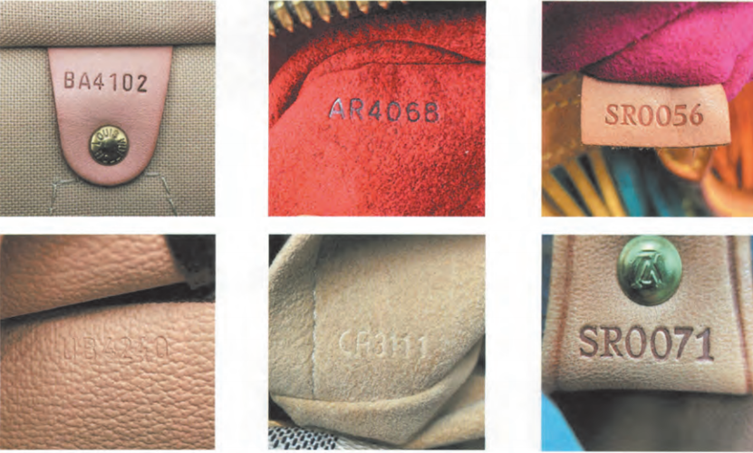 Authentic Louis Vuitton date codes stamped on leather tabs showing factory and week/year format for LV date code checker 2026.