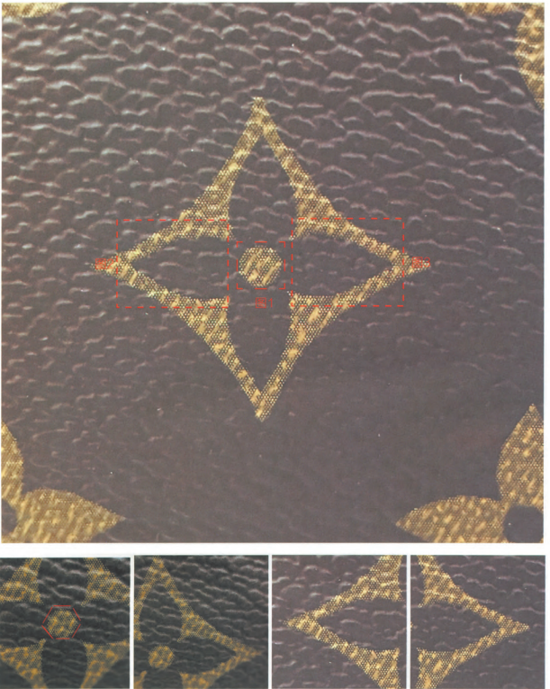 Authentic Louis Vuitton Monogram Canvas diamond (star) pattern detail showing precise dot alignment for real vs fake LV bag verification.