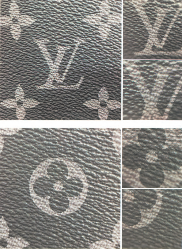 Authentic Obsidian Monogram Canvas showing LV letters and flower patterns in black-and-white tones for Louis Vuitton hardware authentication.