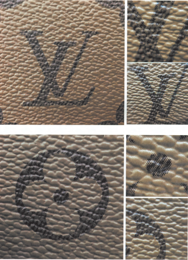 Authentic Caramel Monogram Canvas with brown-on-beige LV logo and flower details for Louis Vuitton legit check.