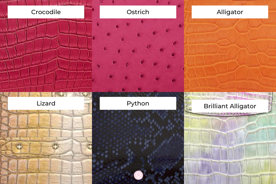 Louis Vuitton exotic leathers collection, including crocodile, ostrich, alligator, lizard, python, and brilliant alligator skin