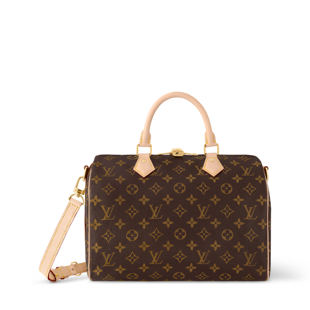 Front studio shot of a Louis Vuitton Speedy Bandouliere 25 in classic Monogram canvas with Vachetta leather trim, a highly ranked LV classic bags recommendation.