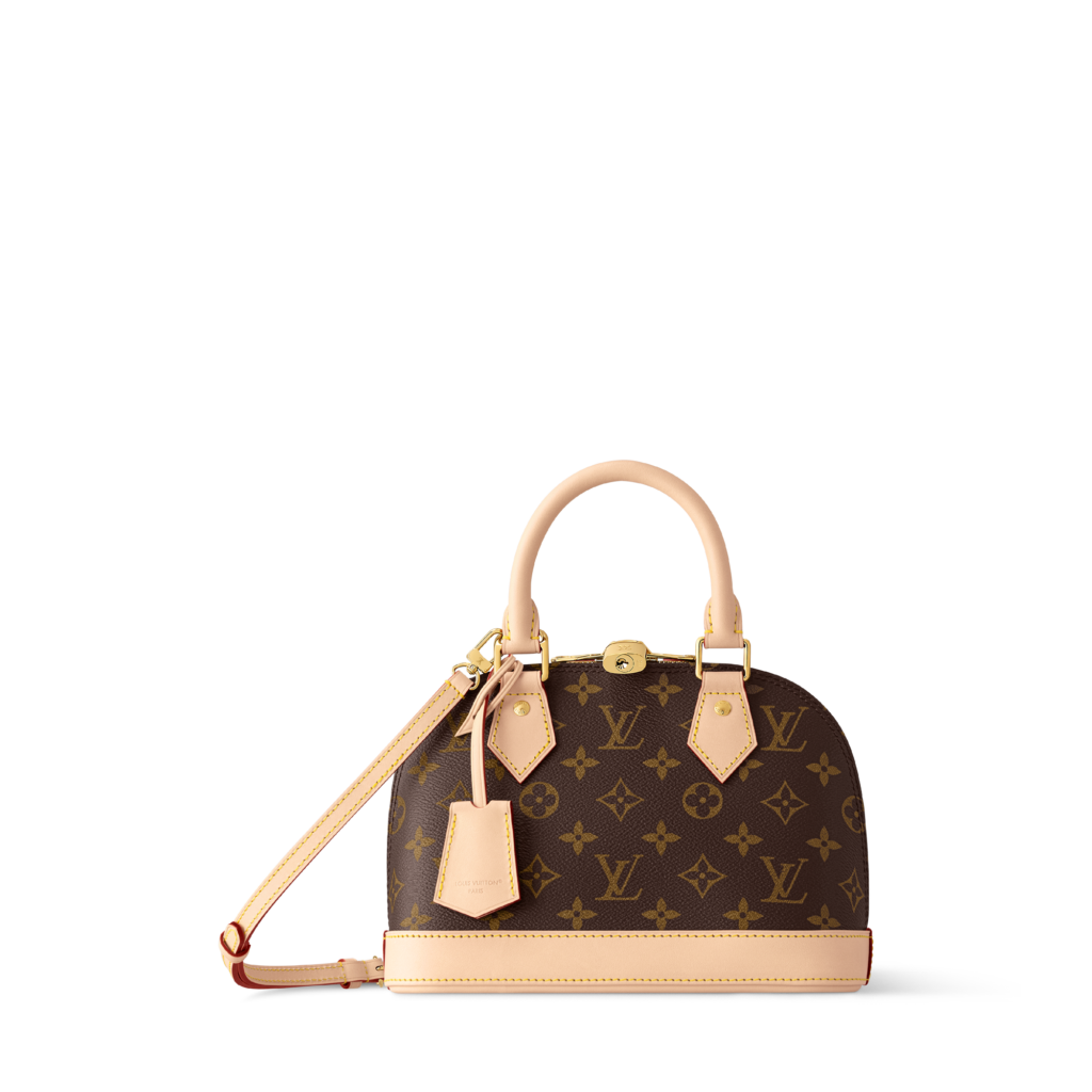 Studio shot of the iconic Louis Vuitton Alma bag in Monogram canvas, demonstrating its rigid Art Deco silhouette and structured natural cowhide leather base.