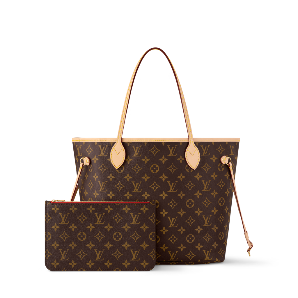 Louis Vuitton Neverfull MM tote in Monogram canvas displayed with its matching detachable pouch, serving as the ultimate everyday commuter bag.