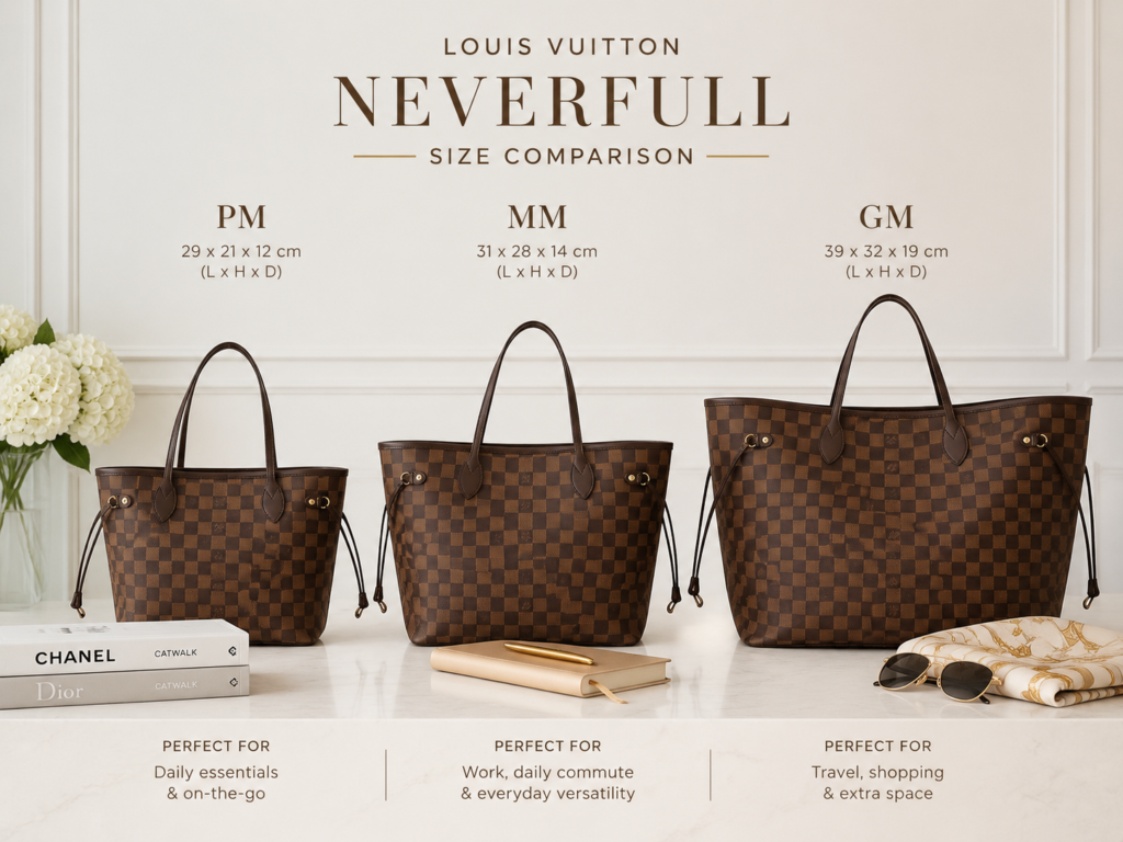 Comprehensive comparison chart of Louis Vuitton Neverfull sizes, illustrating the PM, MM, and GM dimensions in Damier Ebene canvas to help buyers choose the perfect fit.