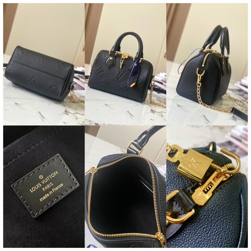 Authentication close-ups of a a top-tier replica Black Monogram Empreinte LV Speedy Bandouliere, displaying hardware precision, zipper fluidity, and the 'Made in France' heat stamp for top-tier quality checks.