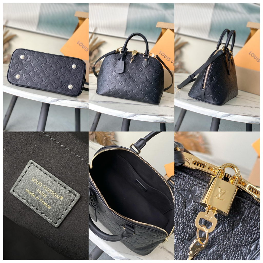 Detailed Alma bag review collage featuring a top-tier replica Black Monogram Empreinte Louis Vuitton Alma, highlighting its structured dome, metal bottom feet, engraved padlock, and precise interior stamping.