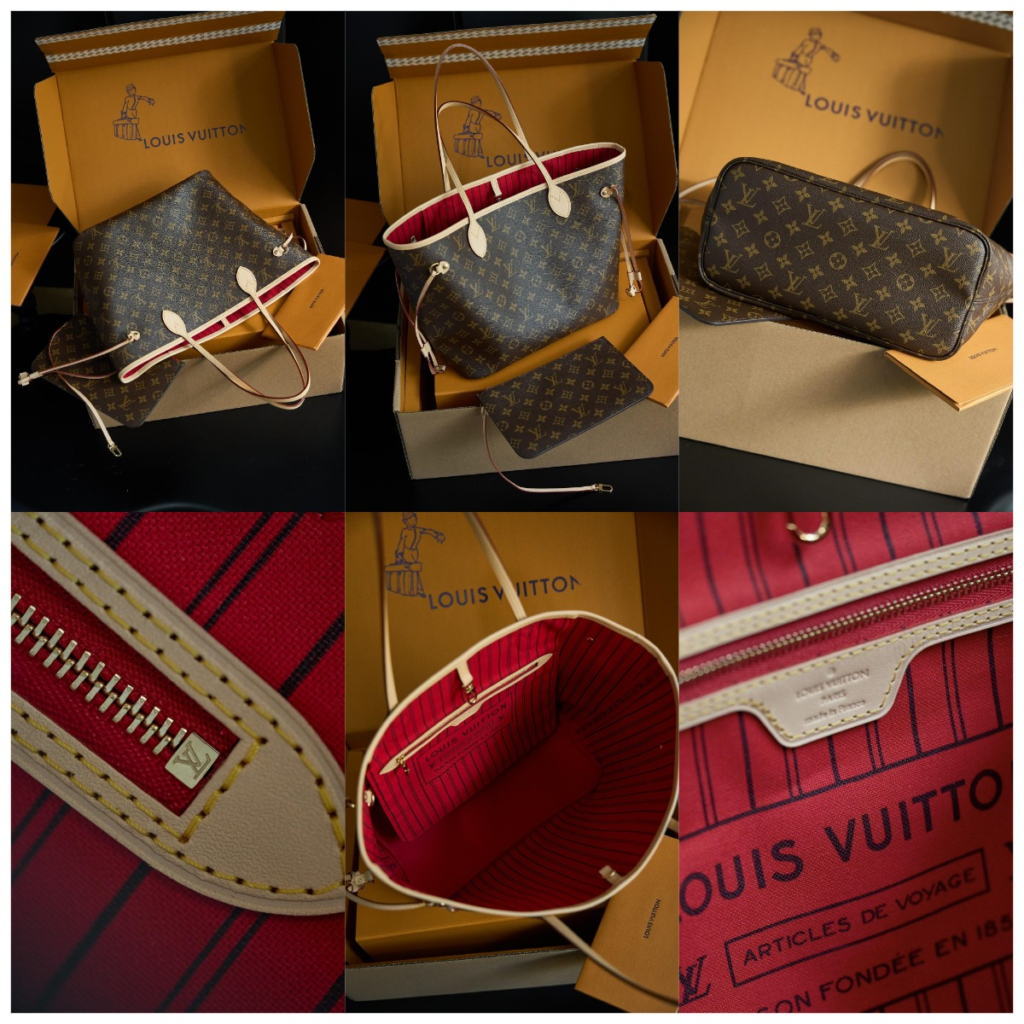 Collage detailing a top-tier replica LV Neverfull in Monogram canvas with Cherry lining, showcasing master-level stitching, hardware, and interior heat stamps for our best fake Neverfull guide.