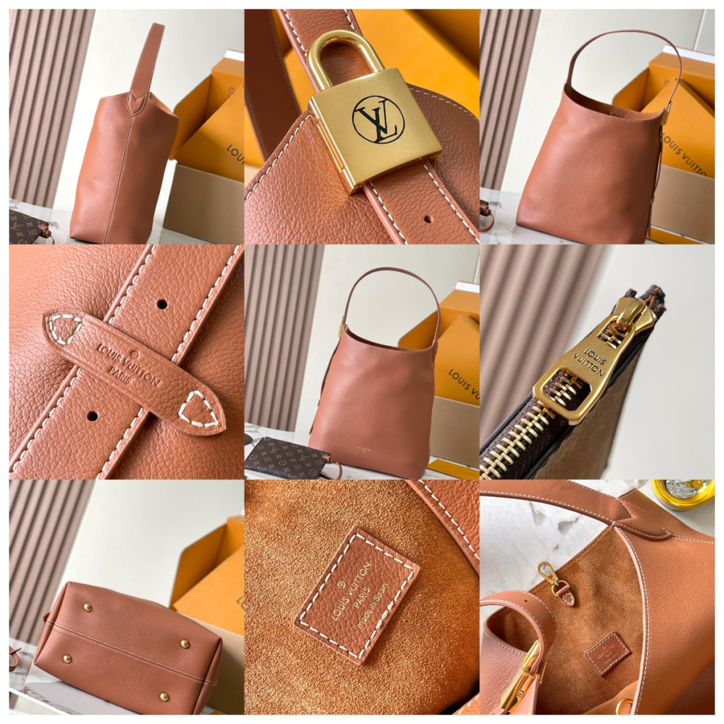 Detailed collage of the LV Low Key Hobo replica in tan grainy leather, featuring a gold padlock on the strap and authentic 'Made in Italy' stamping, representing one of the most popular 3 LV replica bags of 2026.