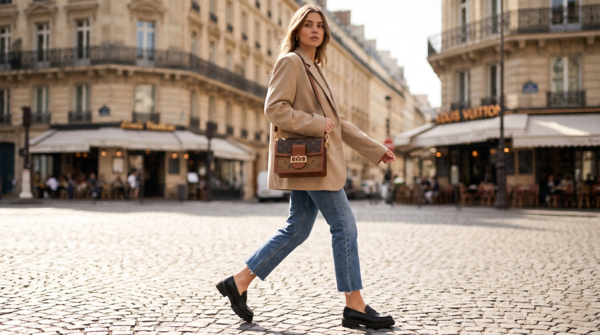 Modern LV Icons review: Top-tier replica Louis Vuitton Dauphine MM bag styled in Parisian street fashion, featuring monogram reverse canvas and signature gold LV lock hardware