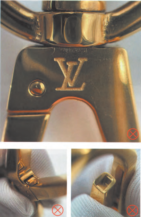 Fake Louis Vuitton lock clasp hardware with poor engraving and finish, marked with red cross as authentication fail