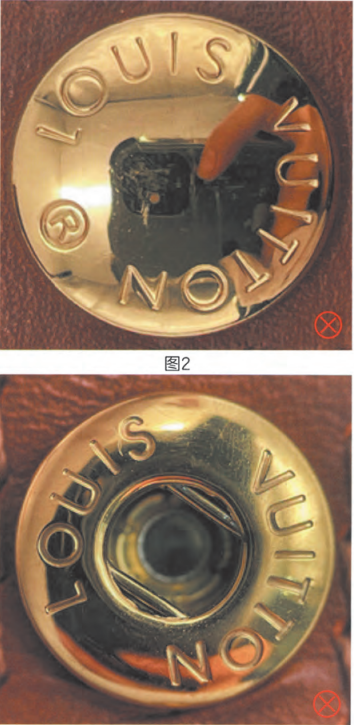 Fake Louis Vuitton snap button authentication flaws: incorrect engraving and dull metal finish marked with red cross