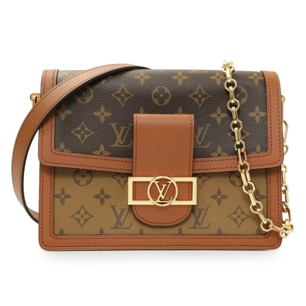 Louis Vuitton Dauphine MM bag official view: monogram and reverse canvas with gold chain and leather strap