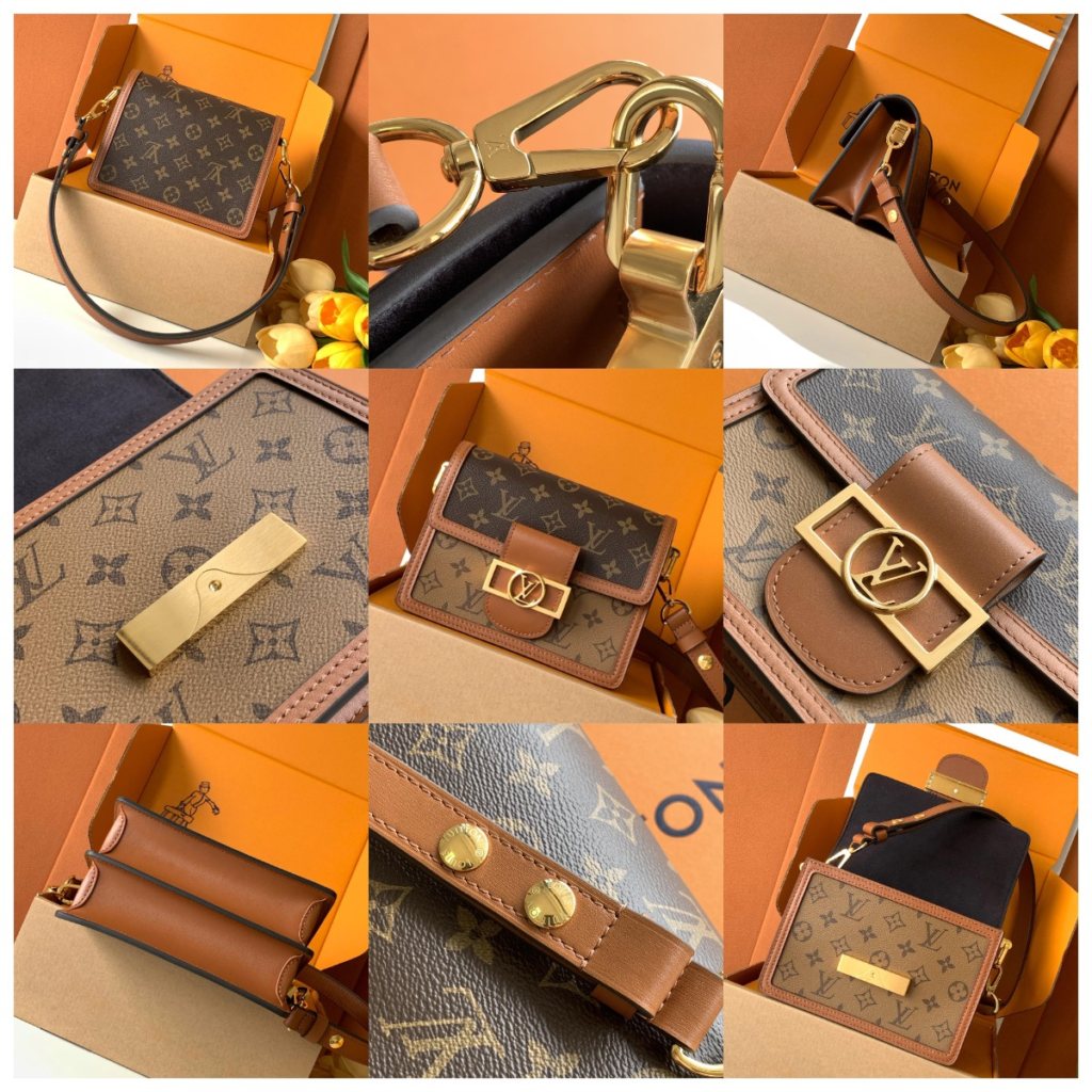 Top-tier replica Louis Vuitton Dauphine MM bag premium details: monogram reverse canvas, gold-tone LV lock hardware, natural VVN leather trim, and full luxury packaging
