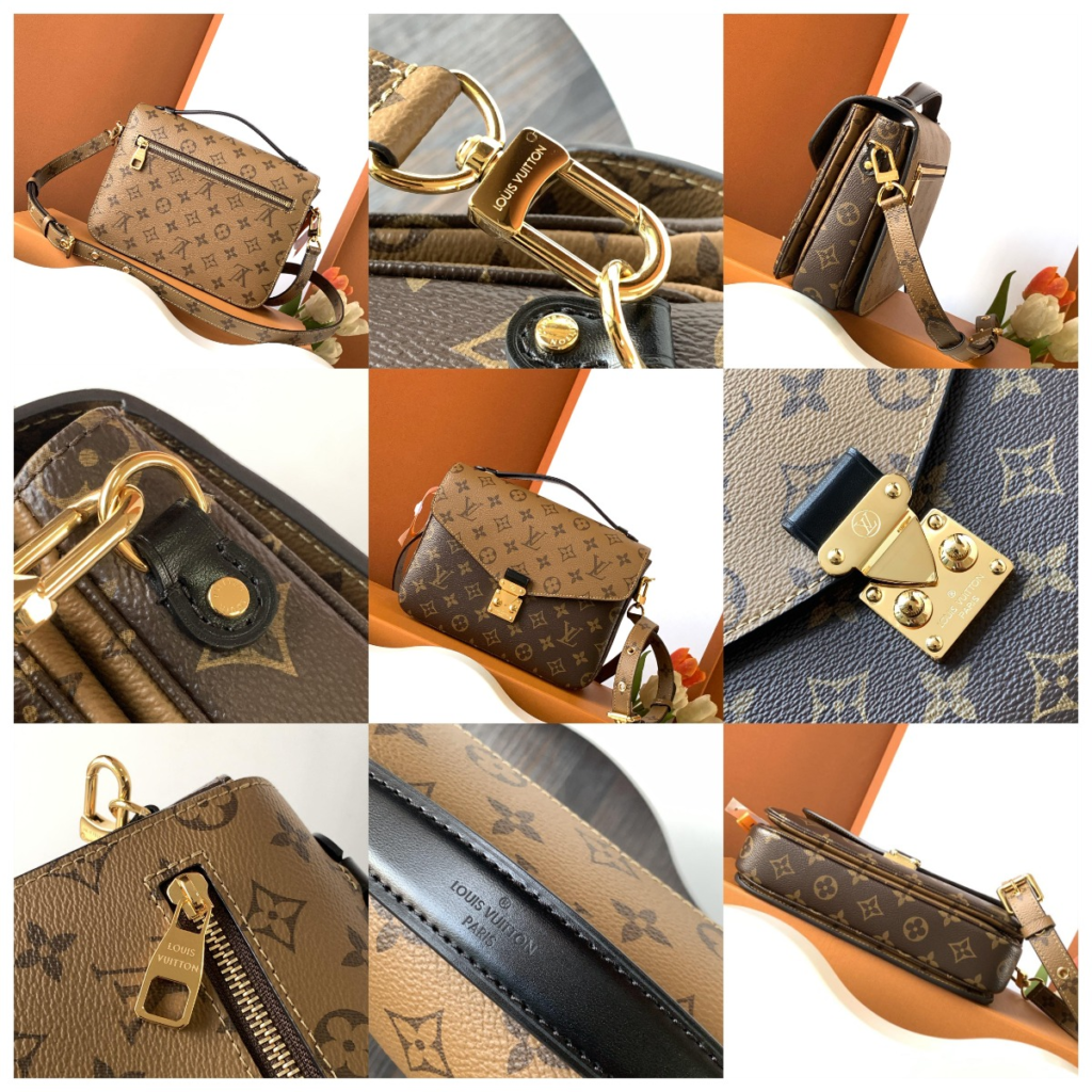 Top-tier replica Louis Vuitton Pochette Metis crossbody bag authentic details: monogram canvas, engraved S-lock hardware, VVN leather strap, and branded zipper pull