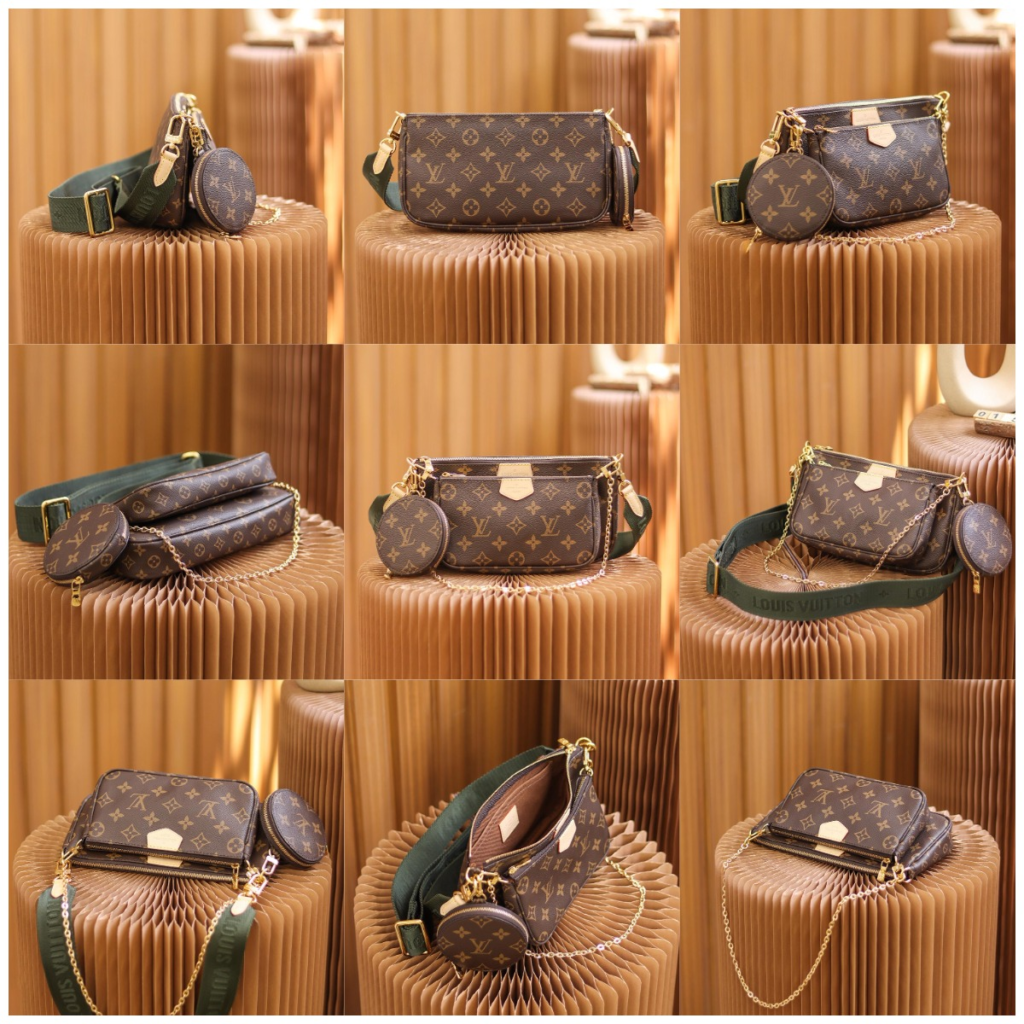 Top-tier replica Louis Vuitton Multi Pochette Accessories bag styling details: monogram pouches, LV-embossed green strap, gold chain, and detachable coin purse