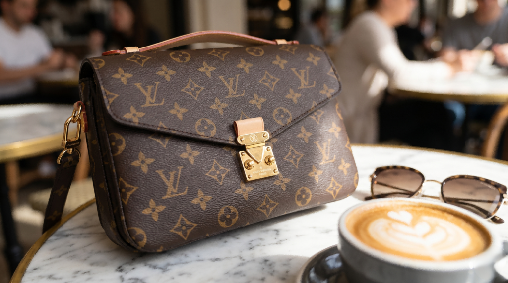 LV Pochette Metis monogram crossbody bag styled on café marble table with latte and sunglasses