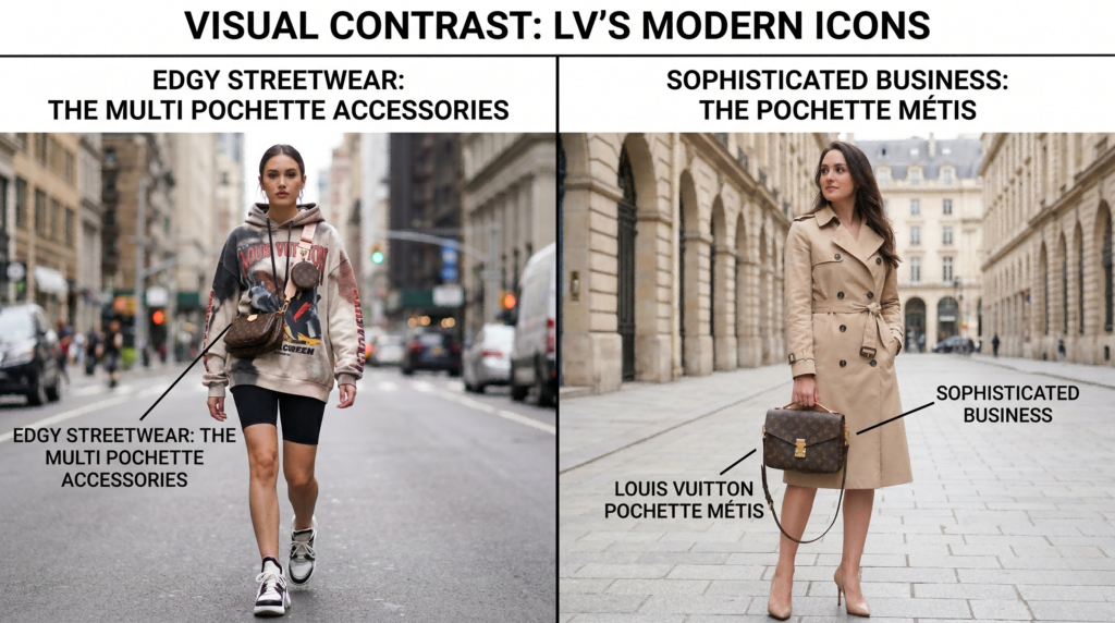 LV modern icons style contrast: Multi Pochette streetwear vs. Pochette Metis sophisticated business look