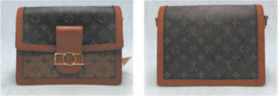 Authentic Louis Vuitton Dauphine bag front and back view: monogram reverse canvas with gold LV clasp