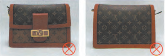 Fake Louis Vuitton Dauphine bag: incorrect monogram alignment marked with red cross for authentication