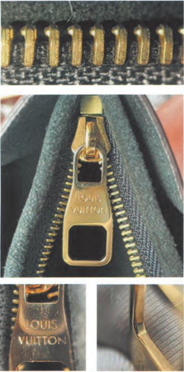 Authentic Louis Vuitton zipper details: crisp engraved pull tab with 'LOUIS VUITTON' and polished gold teeth