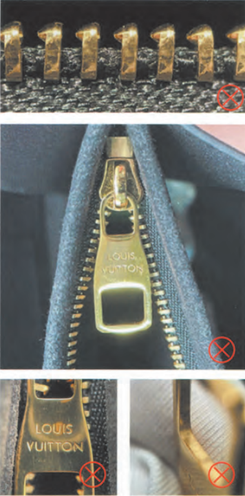 Fake Louis Vuitton zipper flaws: poor engraving, dull metal finish marked with red cross