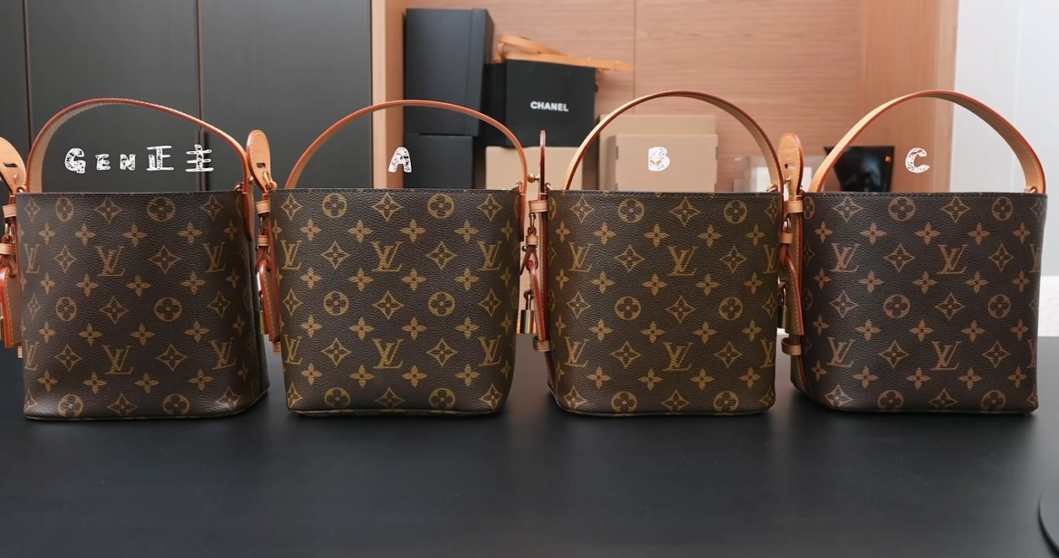 Side-by-side comparison of four Louis Vuitton Monogram canvas bags labeled A, B, C, and Authentic, displayed on a dark surface against a luxury retail backdrop with Chanel boxes visible in the background.