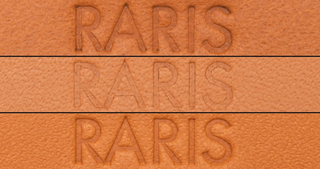 Close-up comparison of three Louis Vuitton interior leather tag stamps showing the "PARIS" text, demonstrating how adding a leg to "P" would identically match "R", with Piece B showing a blurry stamp compared to sharper Tiers A and C.