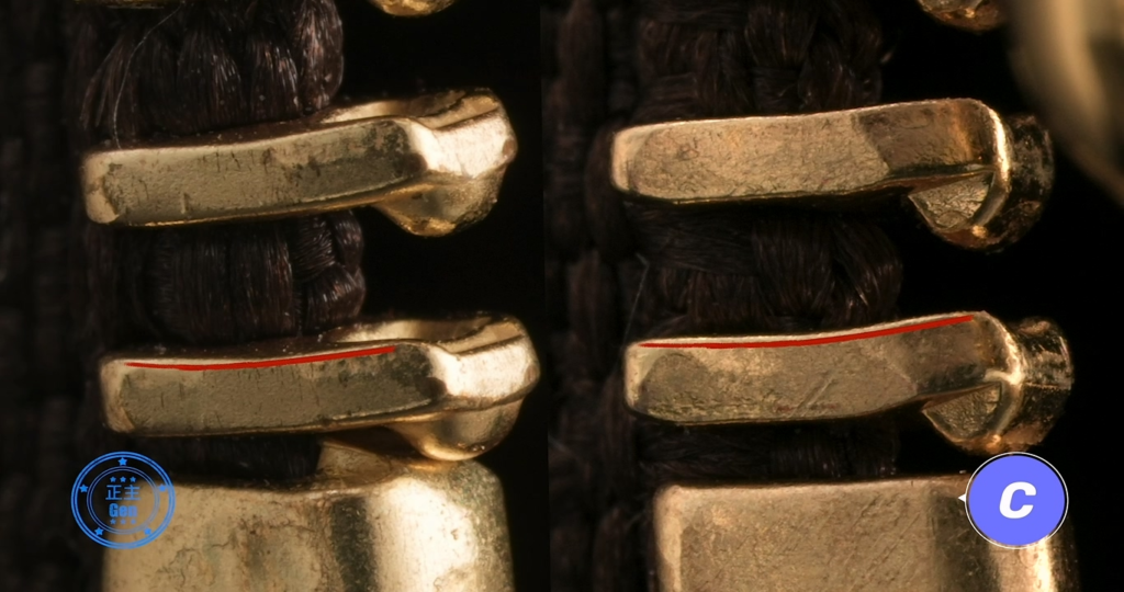 Macro close-up of Ultimate Piece C replica zipper teeth achieving the curved polyhedral structure of authentic teeth, though tips are not quite as perfectly rounded, showing significant hardware finishing improvement.