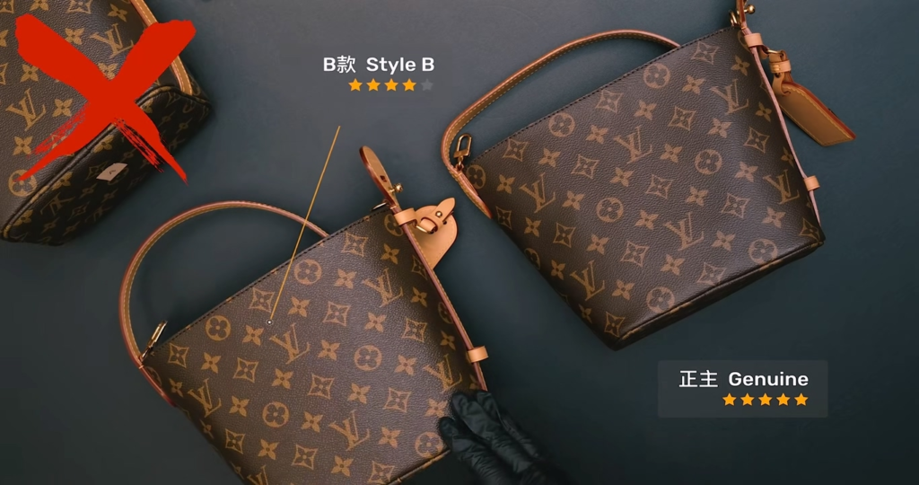 Macro comparison of Piece B replica versus authentic Louis Vuitton Monogram canvas texture, showing Piece B's moderately wrinkled surface with reduced glare marked with a red X, still noticeably brighter than the authentic matte finish.