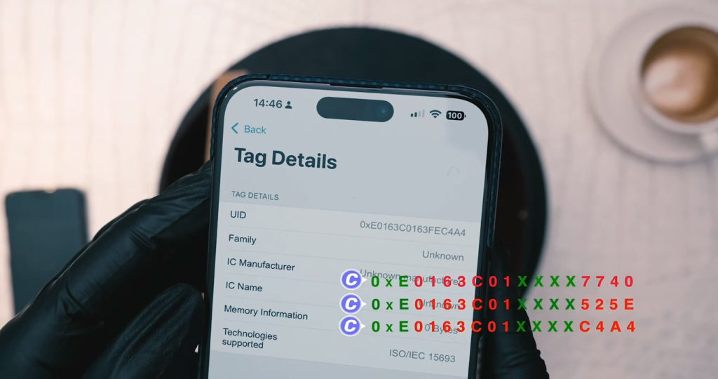 Detailed NFC chip scan results on smartphone showing multiple consecutive scans from Ultimate Piece C generating completely randomized dynamic codes, proving that fake bags can now replicate authentic dynamic code generation.