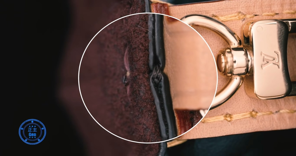 Close-up of authentic Louis Vuitton leather strap construction showing artisan folding technique where leather edges are folded first before stitching, ensuring pristine edges and superior durability.