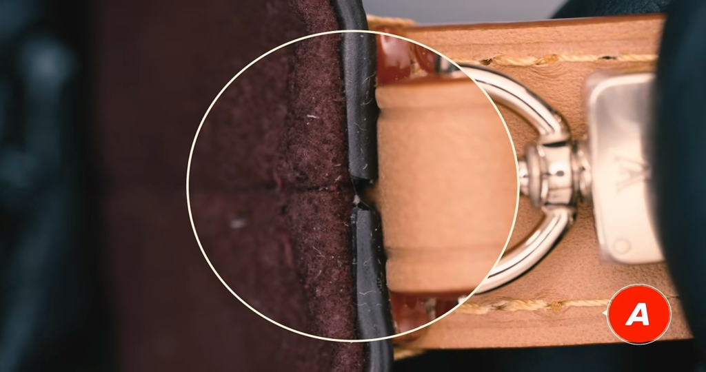 Close-up comparison of Tier A and B replica leather strap construction showing Piece A skipping the folding process with flat leather stitching, and Piece B attempting a rough fold, marked with a red X for construction flaws.