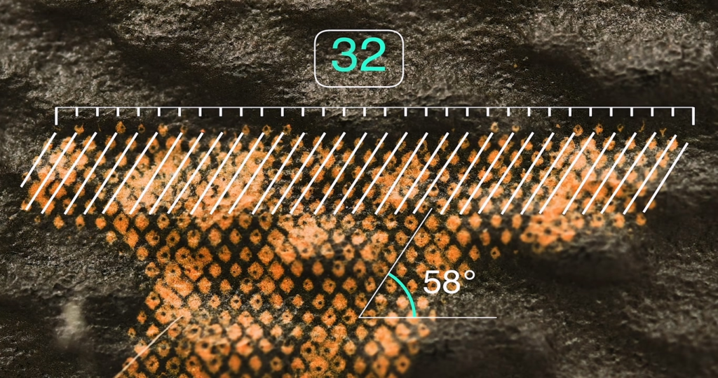 Macro analysis of authentic Louis Vuitton Monogram letter "L" showing the precise 32-row yellow dot arrangement angled at exactly 58 degrees, demonstrating the hidden geometric password in the logo's micro-geometry.