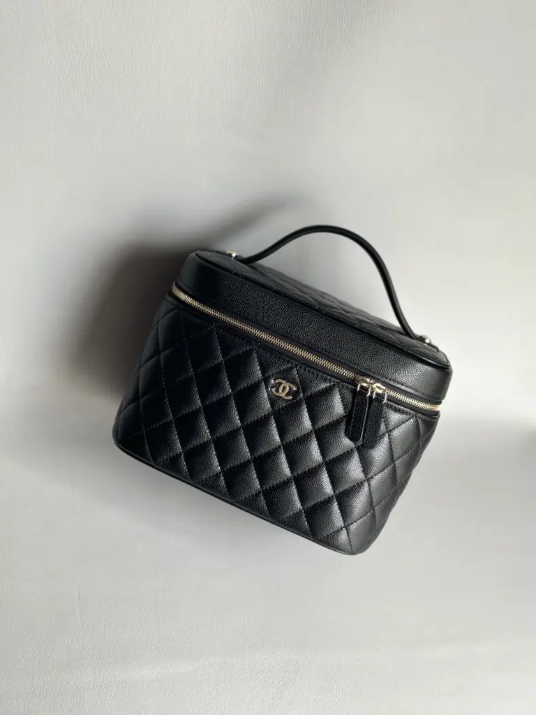 Chanel vanity case replica photographed at a three-quarter angle