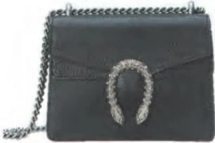 Black Dionysus-style shoulder bag with a tiger-head closure and chain strap