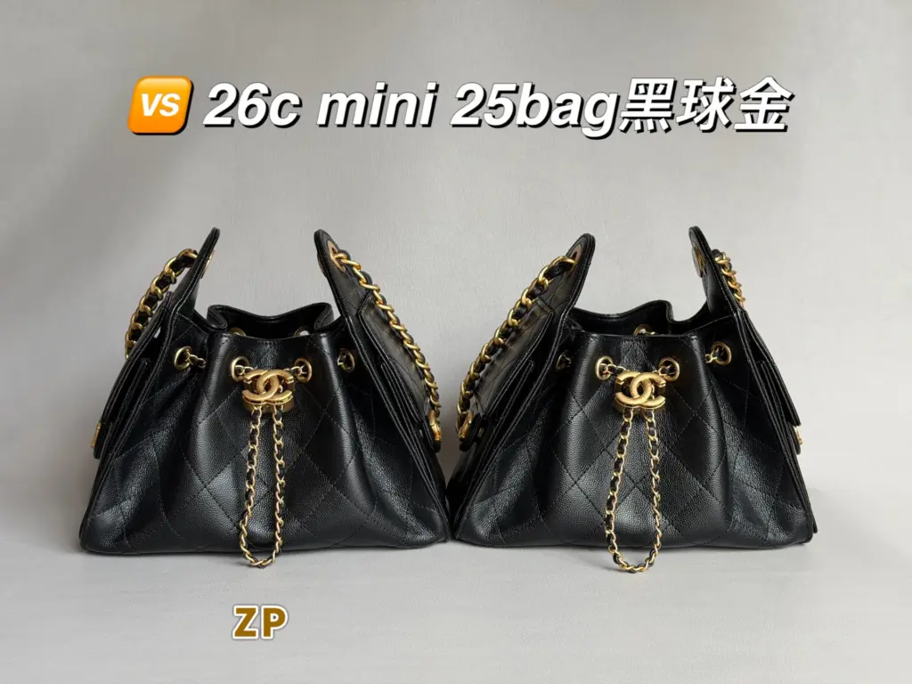 Rear crossbody styling view of a black Chanel 25 Mini bag
