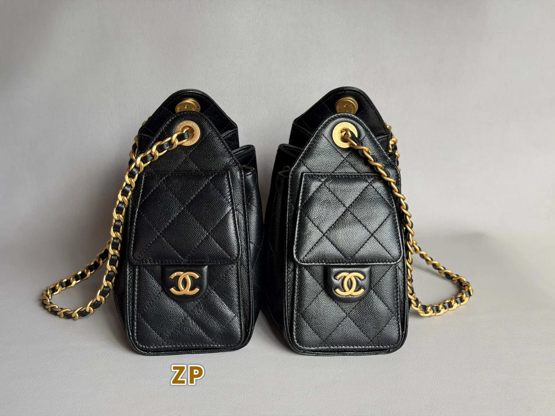 Authentic-left and replica-right Chanel 25 Mini side-pocket comparison