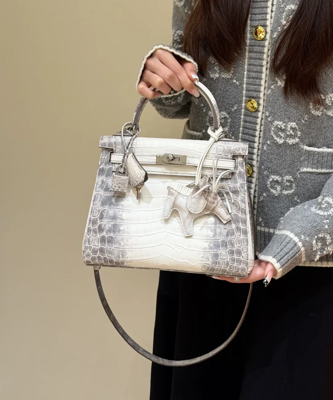 Himalaya-style Kelly bag held against a grey patterned cardigan