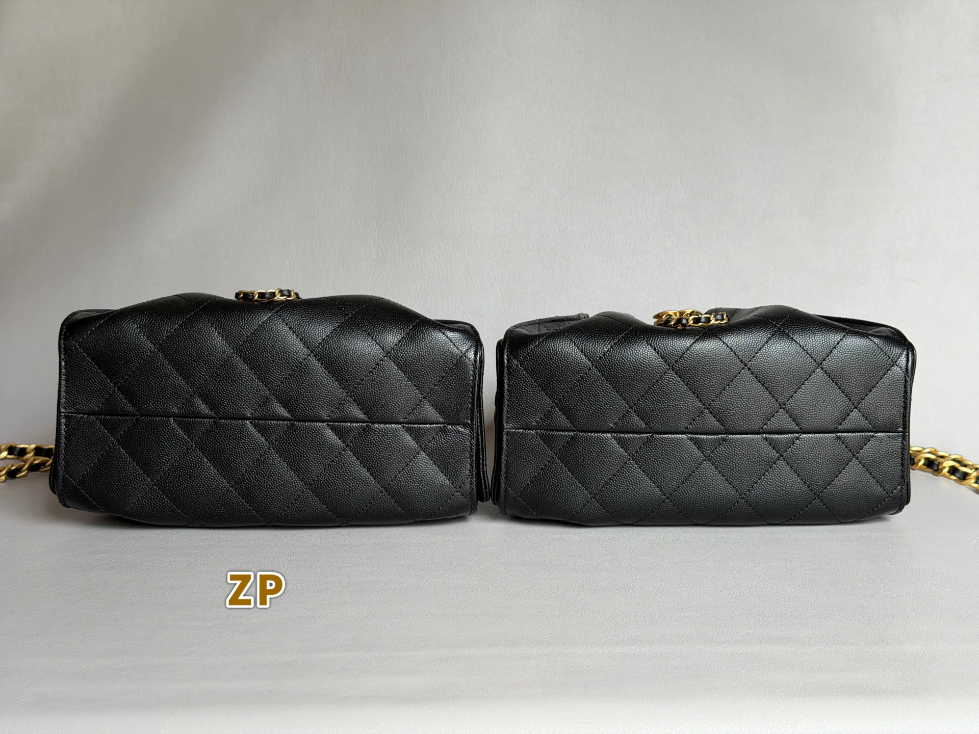 Authentic-left and replica-right Chanel 25 Mini base comparison
