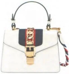 White Sylvie-style top-handle bag with striped Web and metal chain-and-buckle closure
