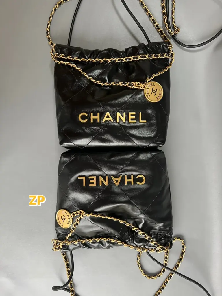 Authentic reference and reviewed Chanel 22 Mini-style bag in paired full views