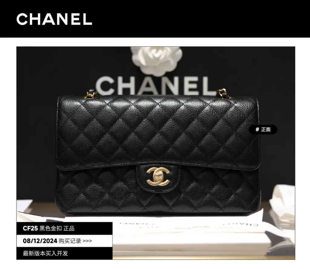 Chanel Classic Flap 25 black caviar clean front QC view