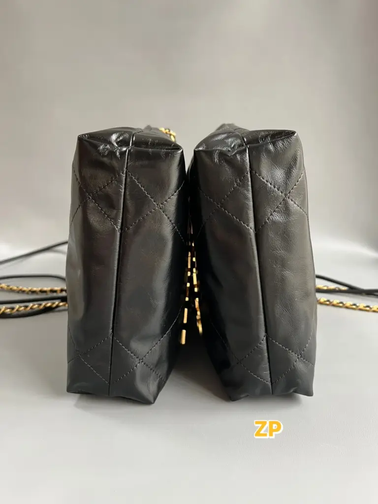 Authentic reference and reviewed Chanel 22 Mini-style bag in side profile