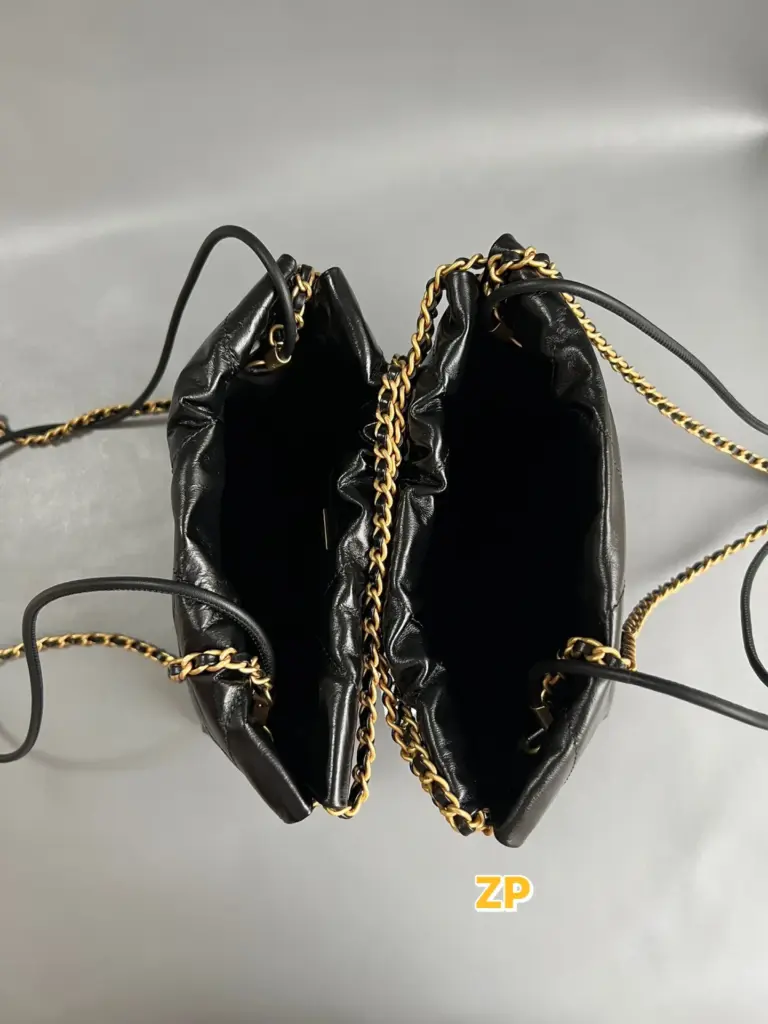 Authentic reference and reviewed Chanel 22 Mini-style bag shown open from above