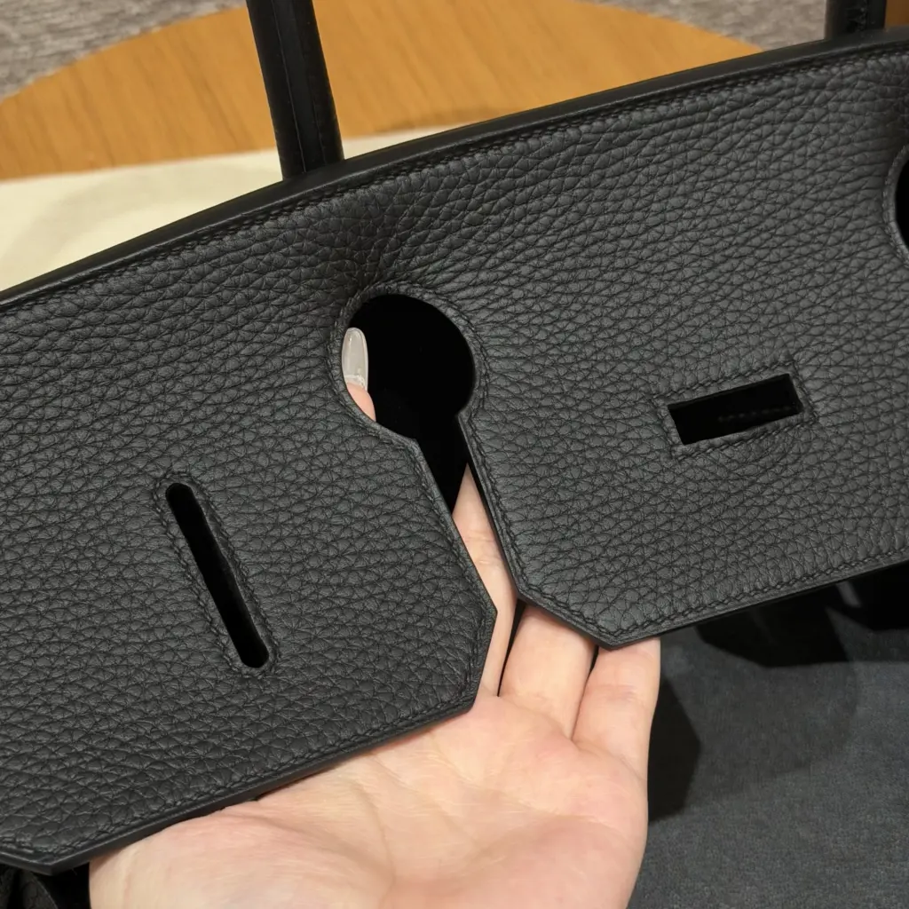 Close view of the black leather flap cut-outs and grain on a Shoulder Birkin 42 replica