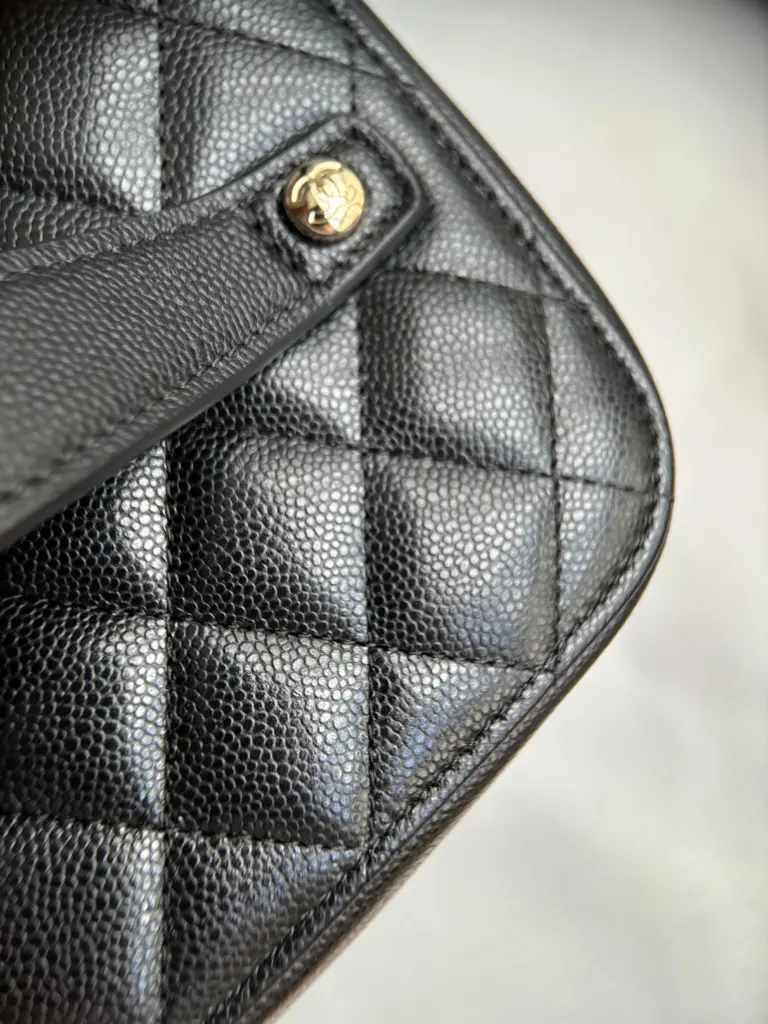 Gold-tone handle fastener, leather tab and quilted lid macro