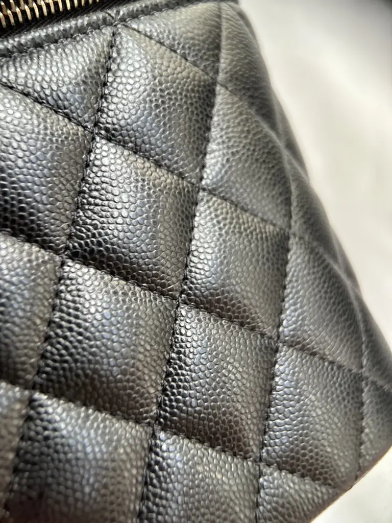 Macro of black caviar quilting and controlled stitch intersections